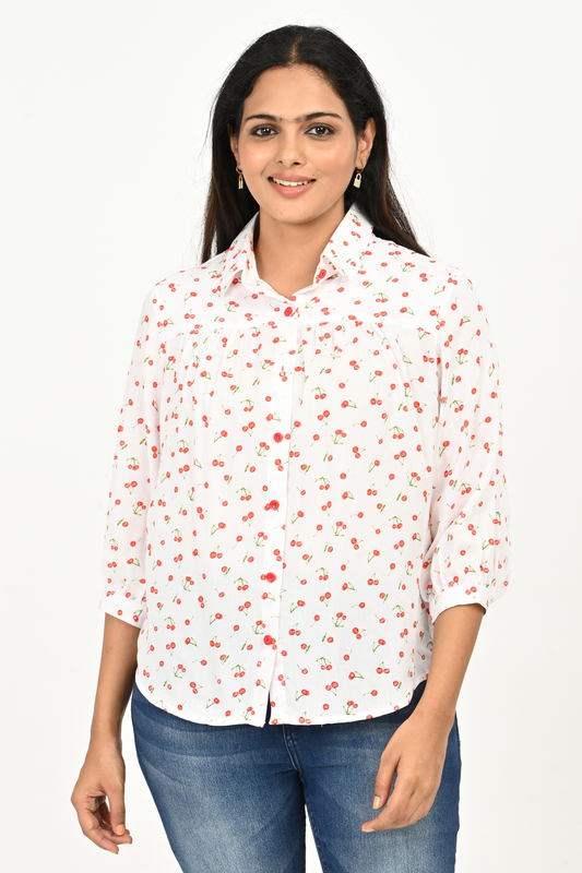Model wearing Red Floral Print on White Rayon Top front view