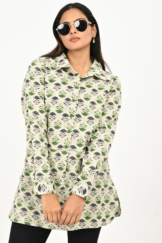 Woman wearing Aqua Green AOP Cotton Top front view