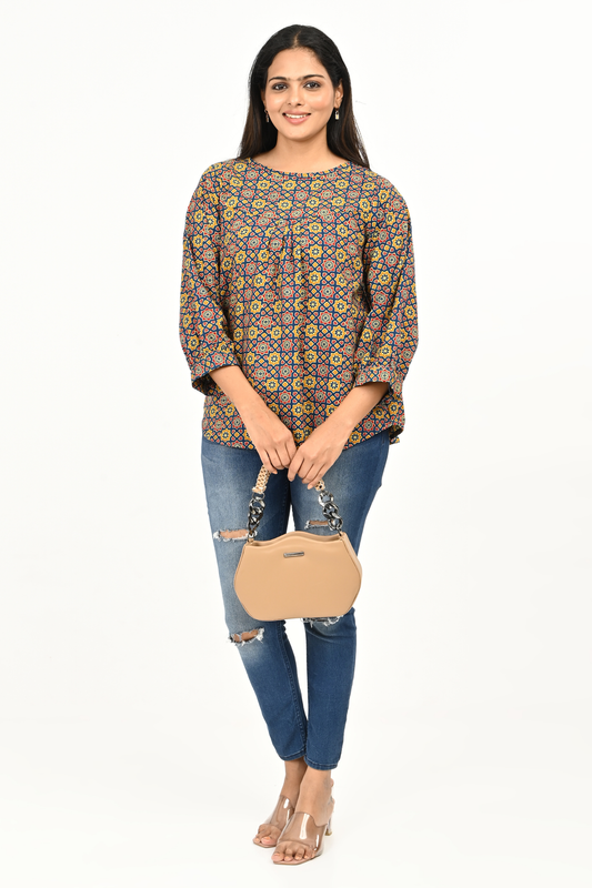 "Woman wearing a multicolour printed cotton summer top – breathable casual wear for women in India"