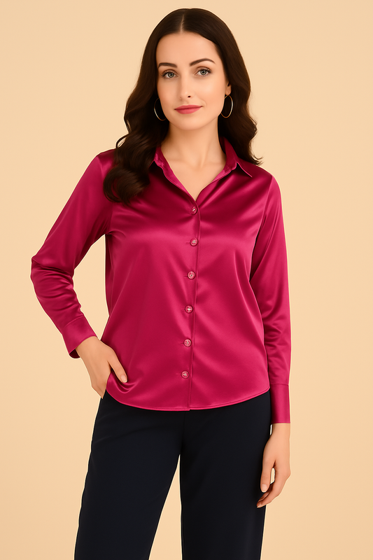 “Magenta satin shirt for women paired with black trousers – classy office wear look”