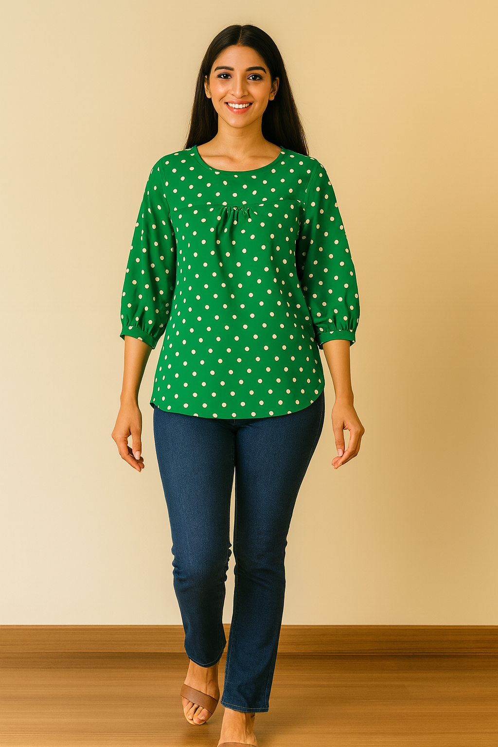 “Woman wearing a green polka dot rayon top styled with blue jeans – front view”