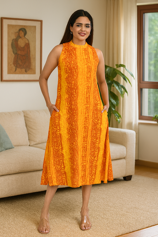 Woman wearing a sleeveless orange printed rayon dress, standing indoors in a casual everyday outfit – The Classy Clothing