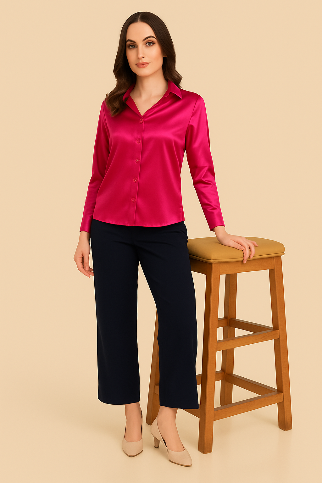 Raspberry satin shirt for women styled with black trousers for office and party wear
