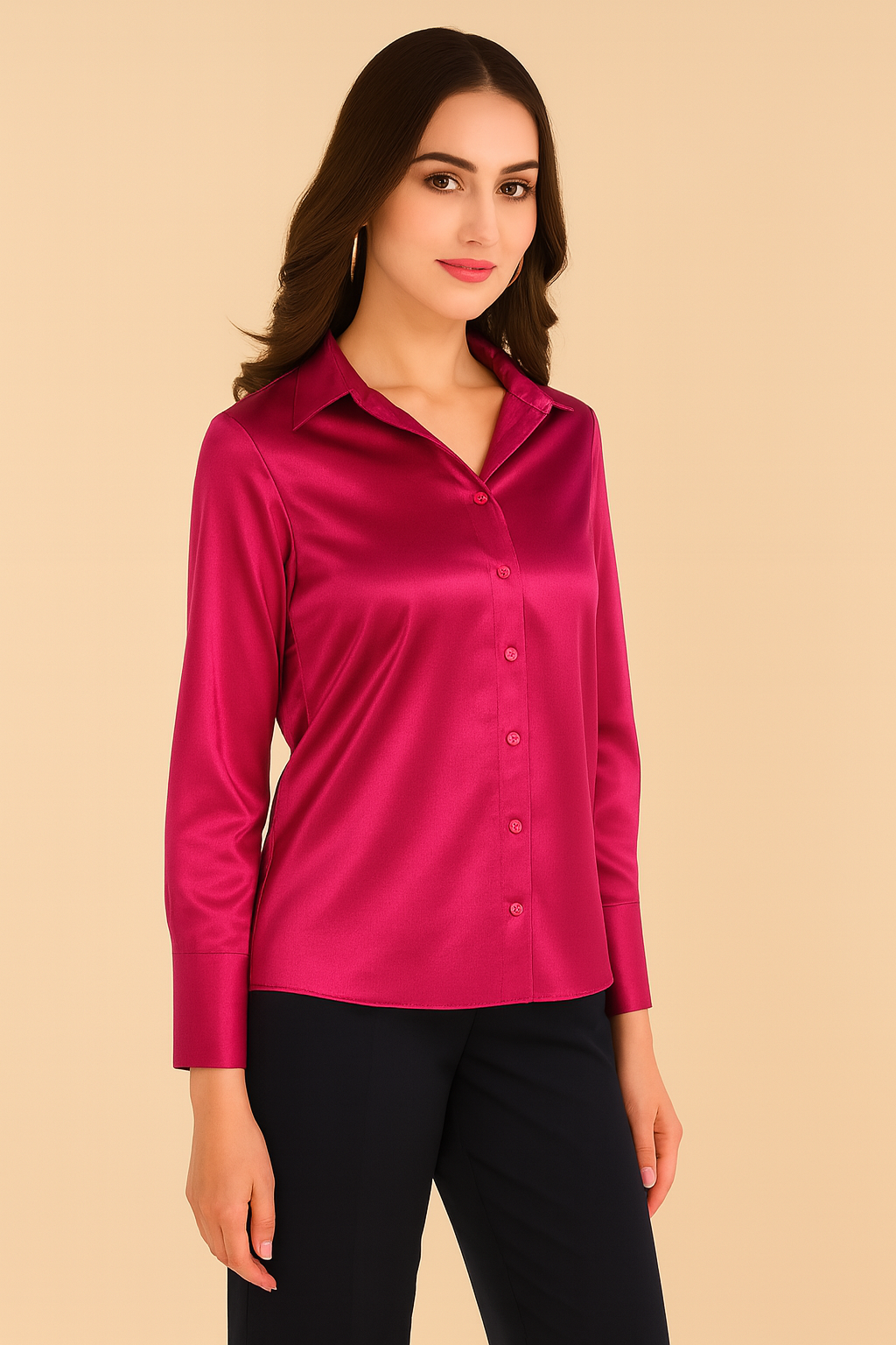 "Woman wearing a raspberry satin shirt styled with black trousers"