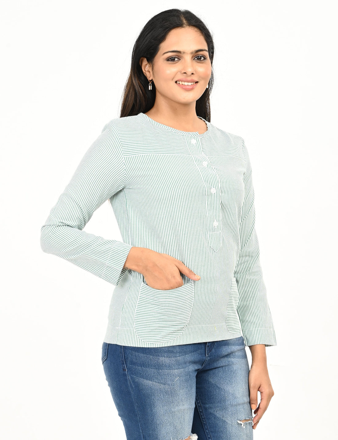 Woman wearing mint green & white striped 100% cotton top – front view – comfort fit.
