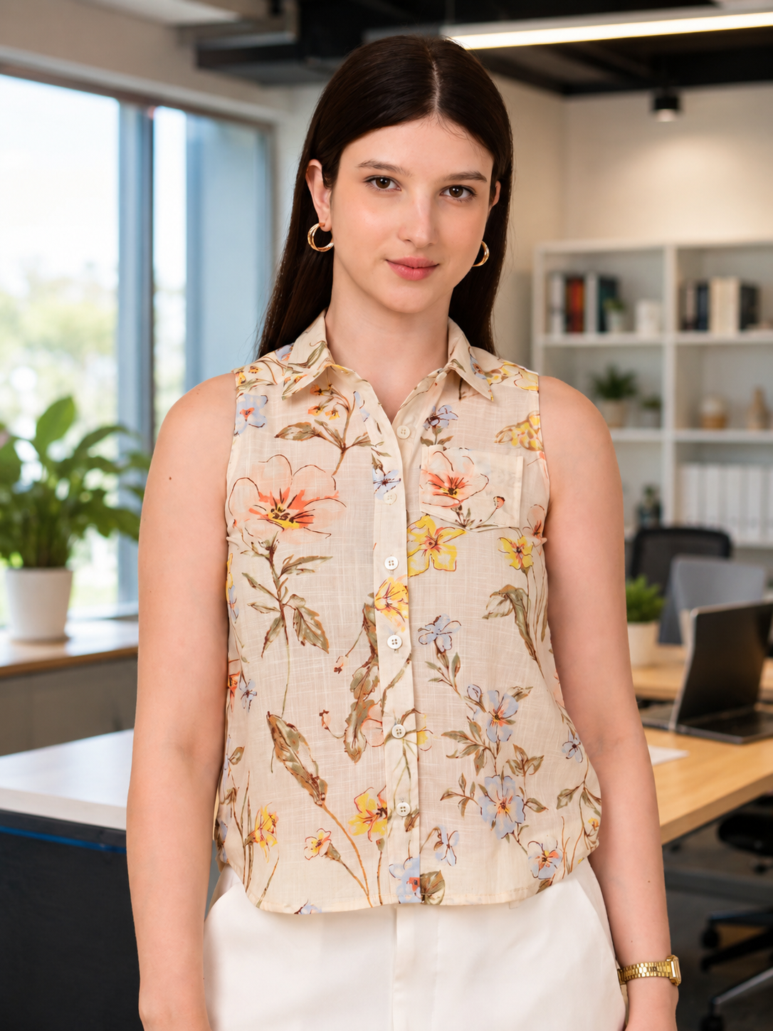 Stylish sleeveless shirt for women in floral print cotton fabric, perfect for summer, office wear, travel and casual outfits