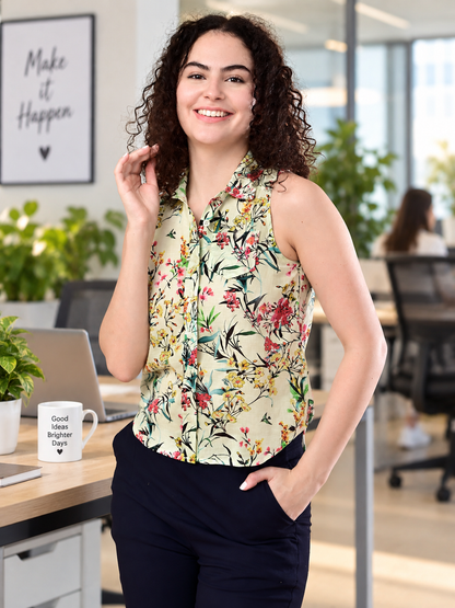 100% cotton floral sleeveless shirt for women in India styled for office wear
