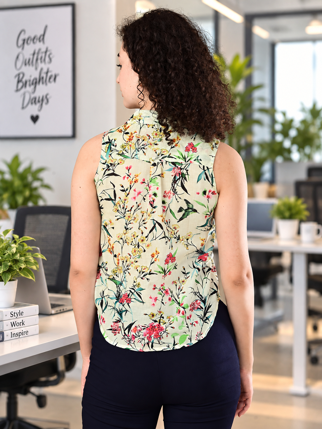 Back view of 100% cotton floral sleeveless shirt for women in India styled for office wear