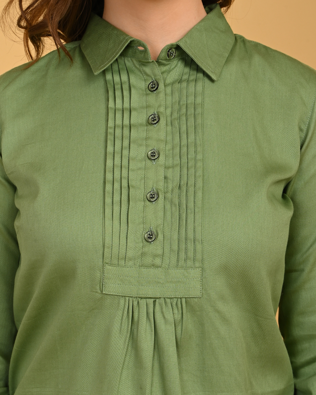 Olive green cotton pintuck shirt for women button placket detail office wear India