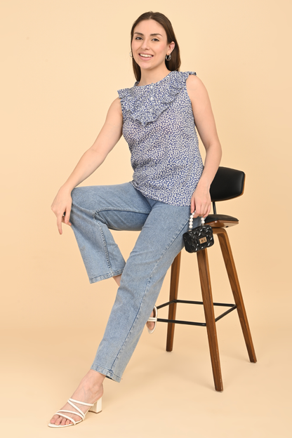 Printed rayon sleeveless top for women with all over floral print