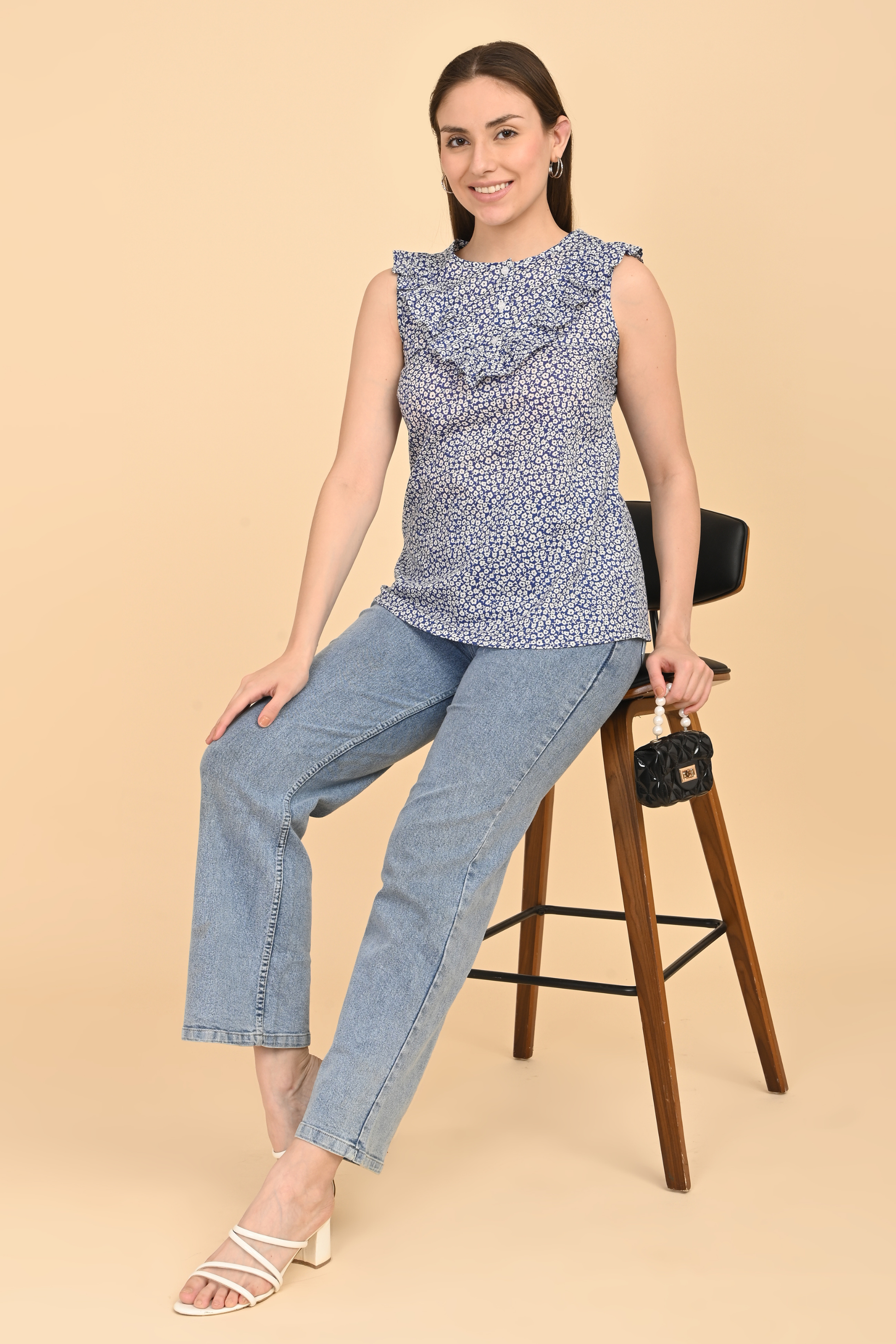 Printed rayon sleeveless top for women with all over floral print