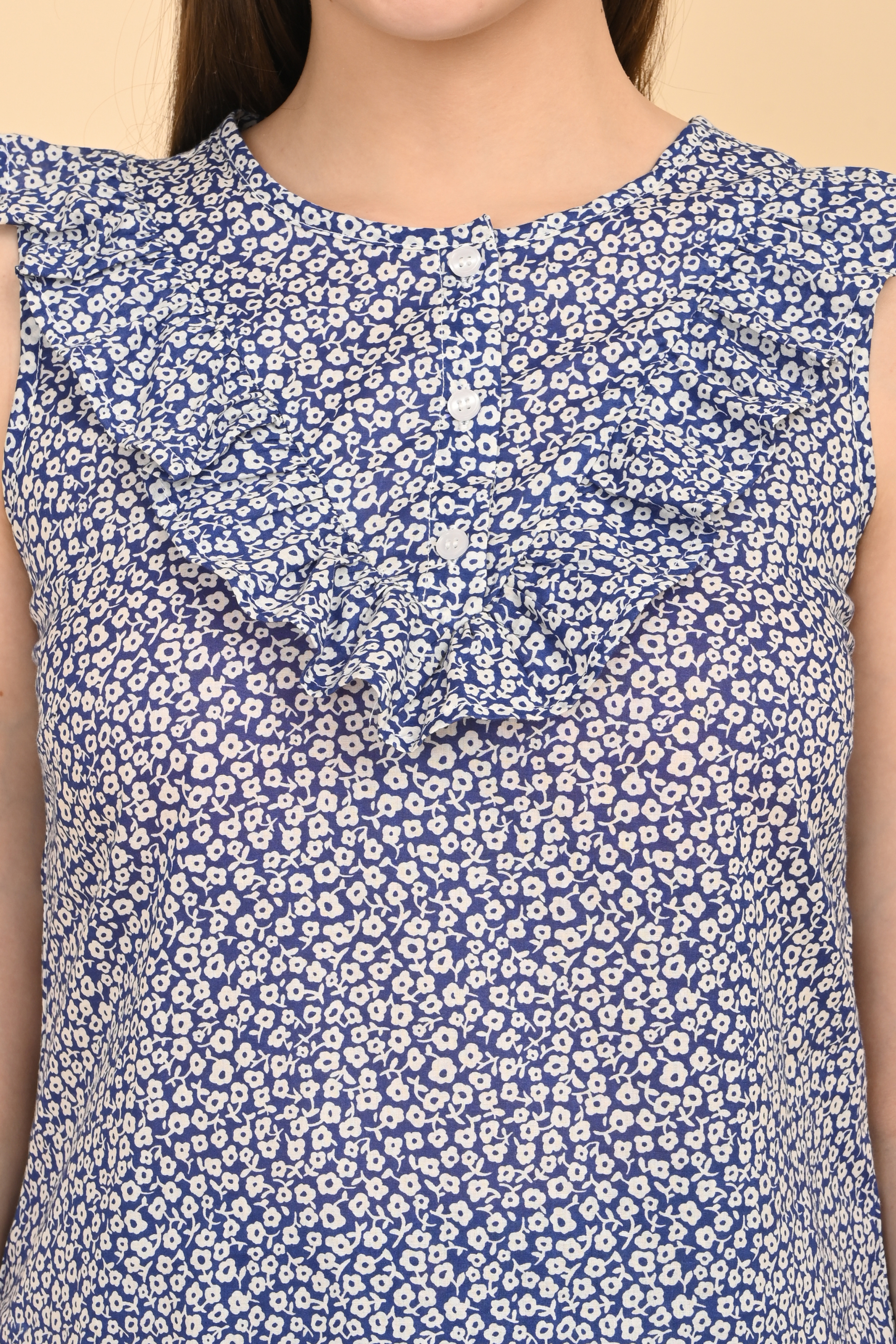 Printed rayon sleeveless top for women with all over floral print