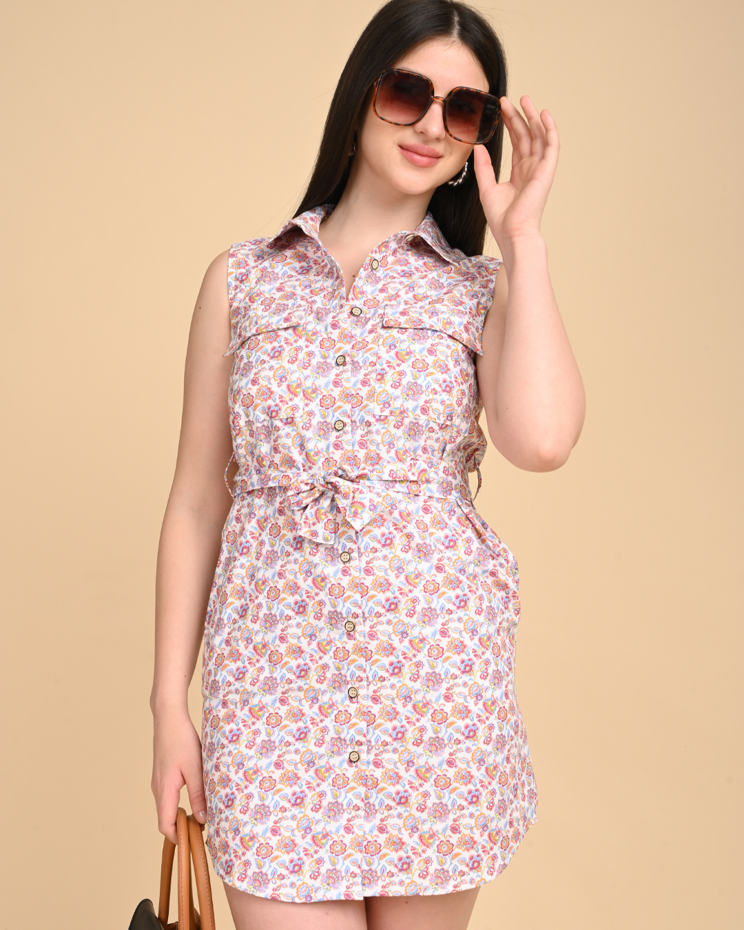 woman wearing floral printed cotton dress sleeveless summer outfit india