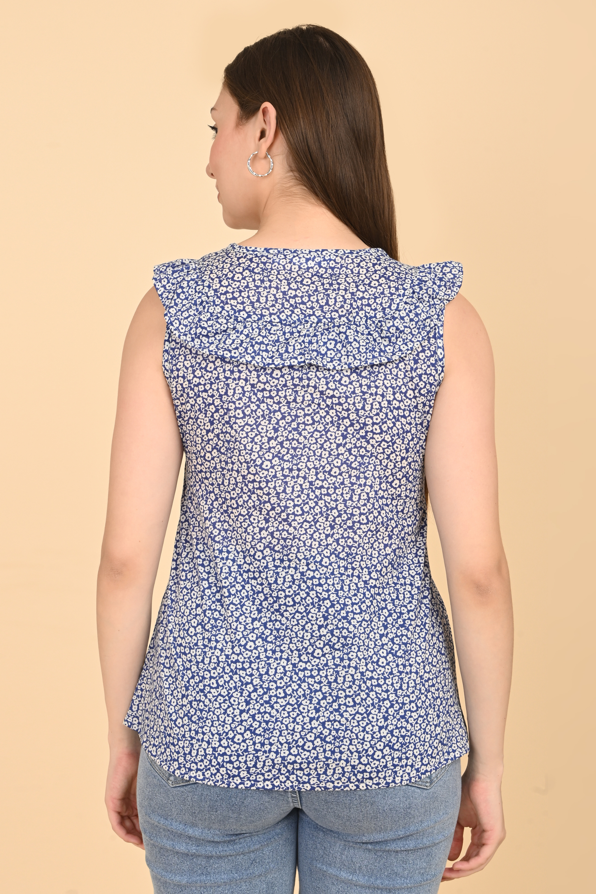 Printed rayon sleeveless top for women with all over floral print