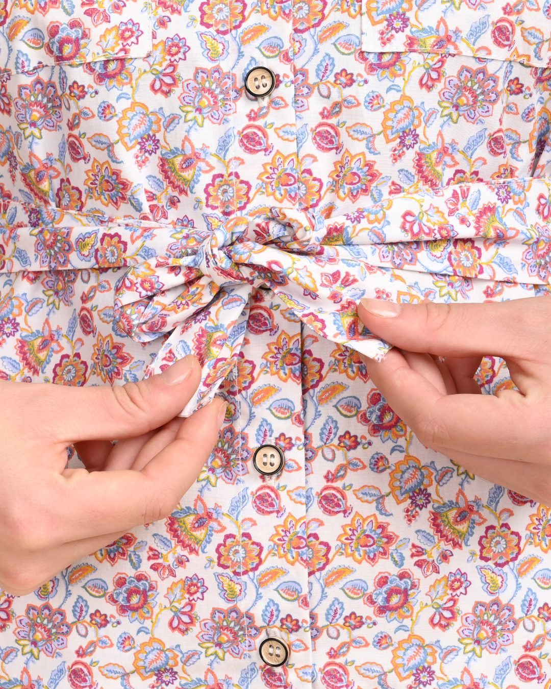 floral print cotton dress fabric detail waist tie button design summer dress india
