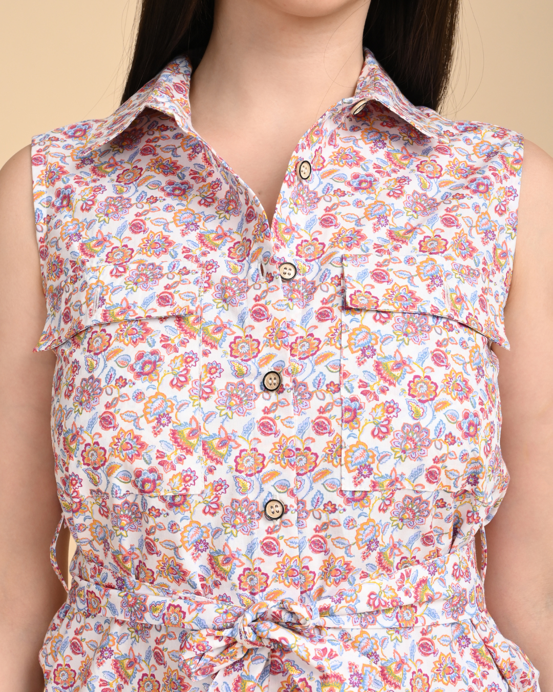 floral printed cotton shirt dress for women collar detail sleeveless summer dress india