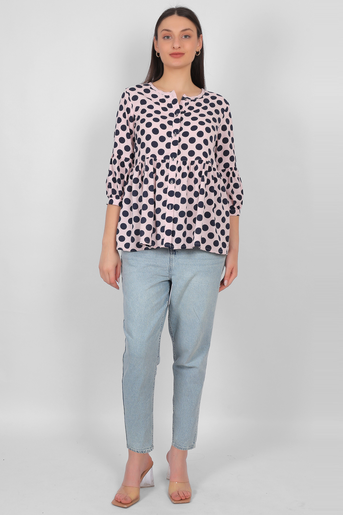 Peach rayon top for women full length view with button detailing and three quarter sleeves