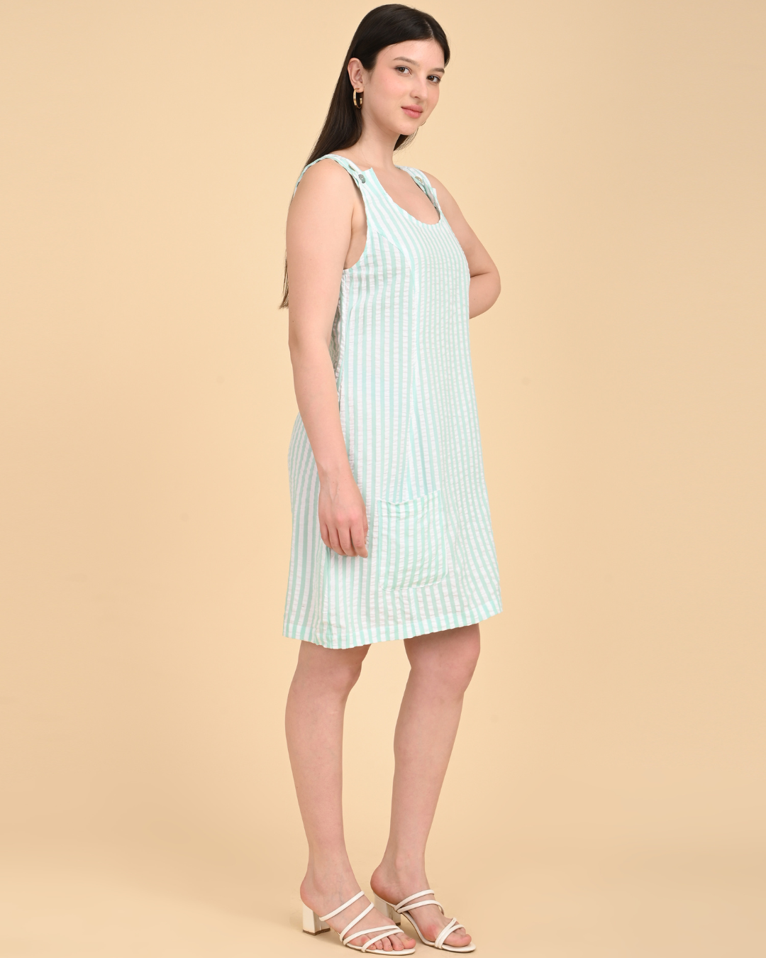 Aqua white striped cotton seersucker dress for women summer wear India