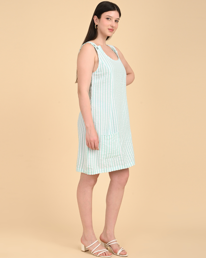 Aqua white striped cotton seersucker dress for women summer wear India