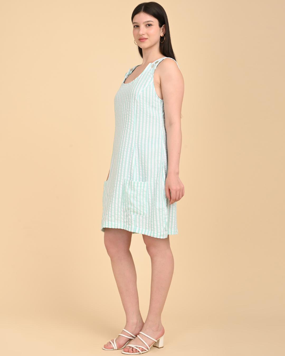 “Aqua striped cotton seersucker dress side view”