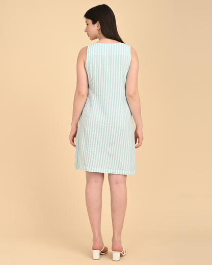 “Aqua striped cotton seersucker dress back view”