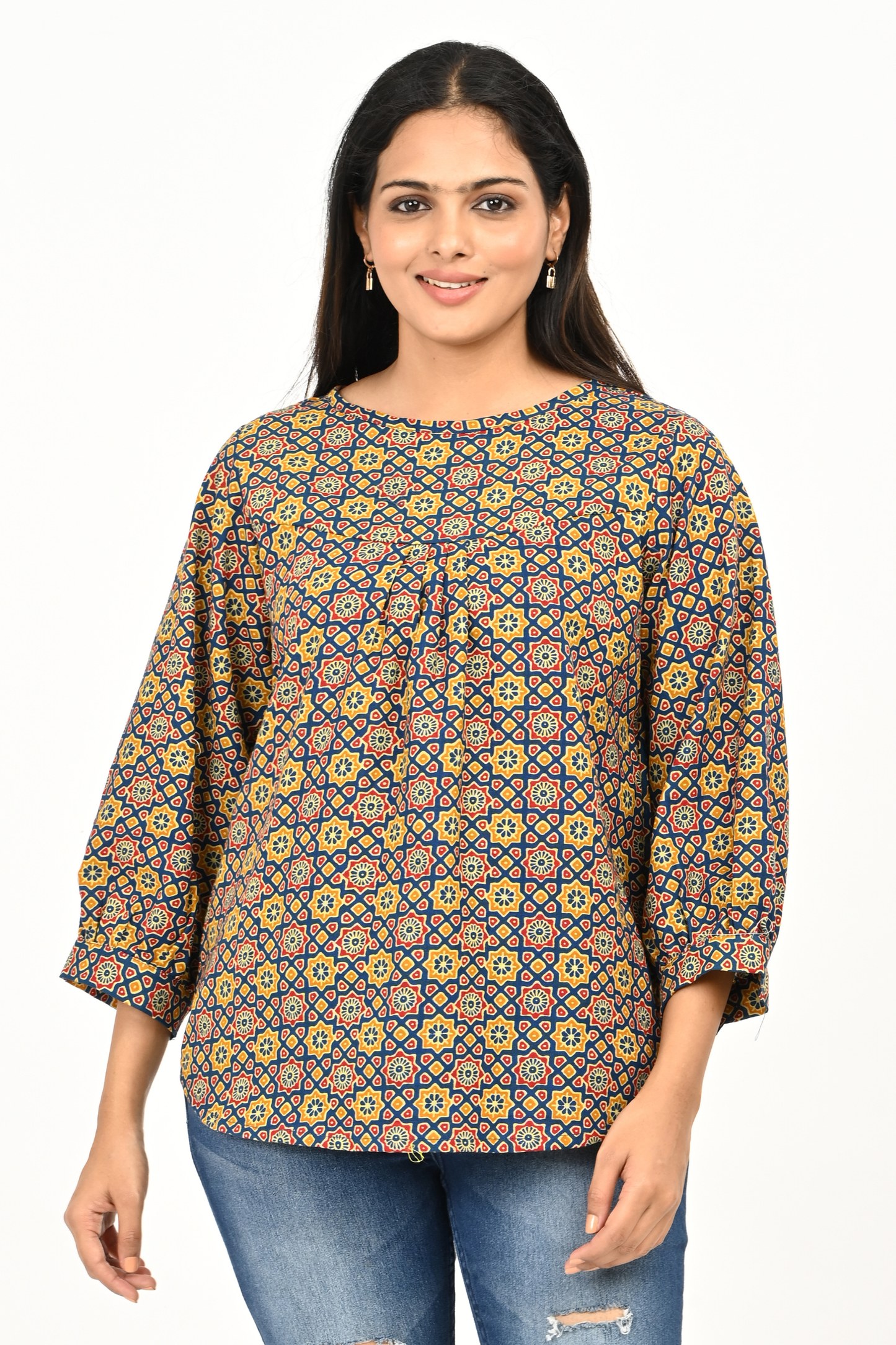 “Women’s cotton printed top – all-over multicolour print front close-up”