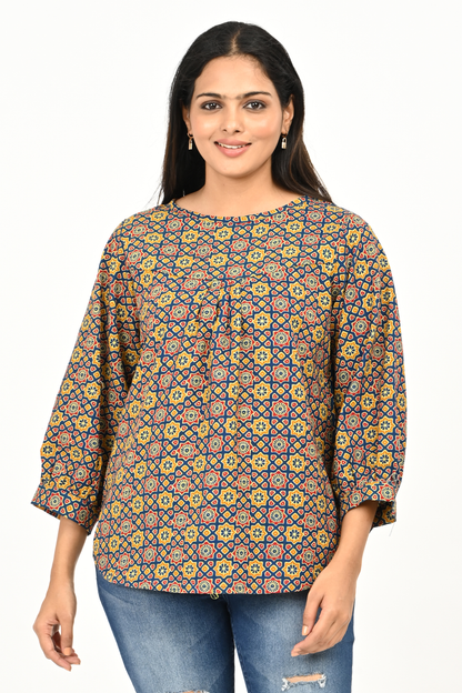 “Women’s cotton printed top – all-over multicolour print front close-up”