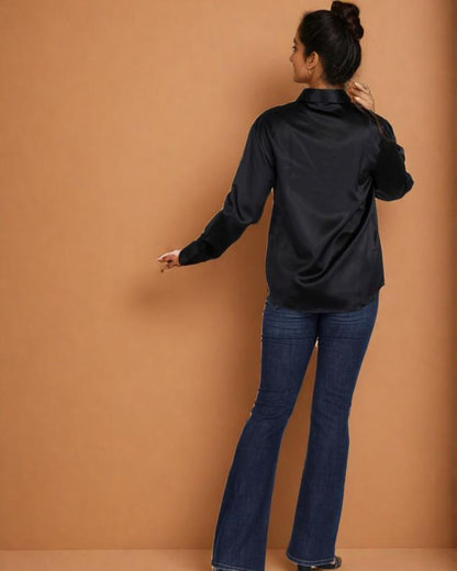Black Satin Button-Down Shirt for Women – Elegant & Versatile