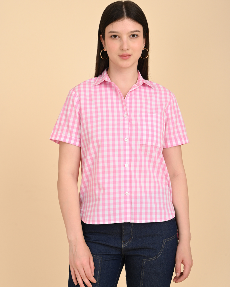 Pink white striped cotton shirt for women India front view