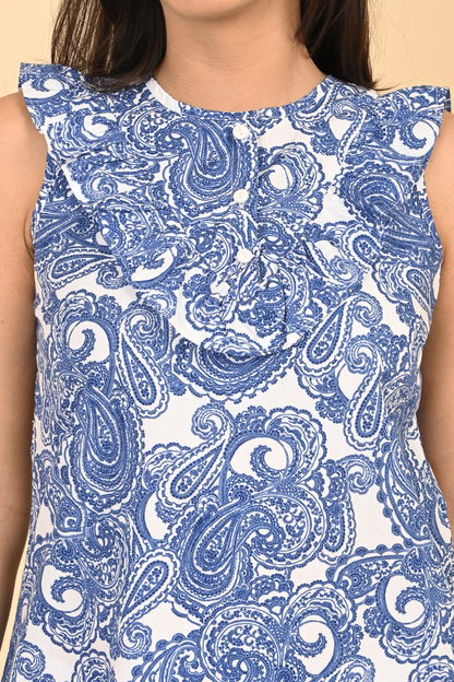 Close up of all over printed rayon sleeveless top showing fabric and print details for summer wear in India