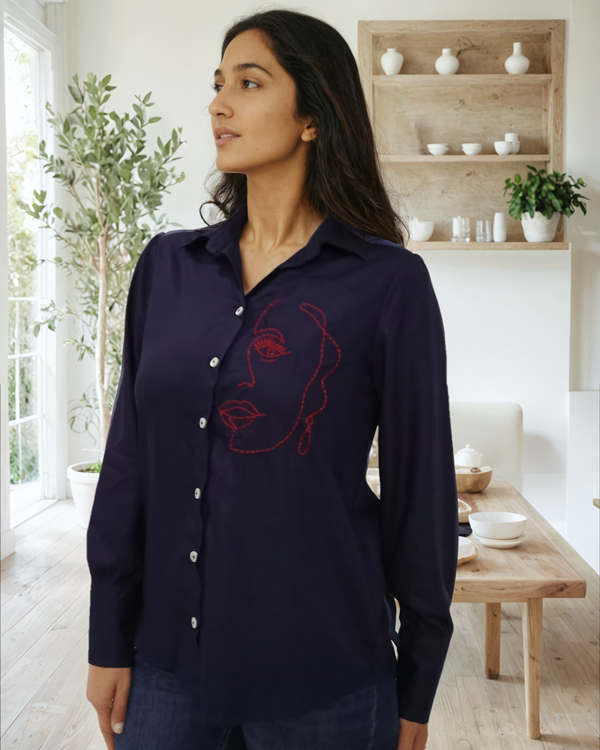 Navy blue embroidered cotton shirt for women – full sleeve design
