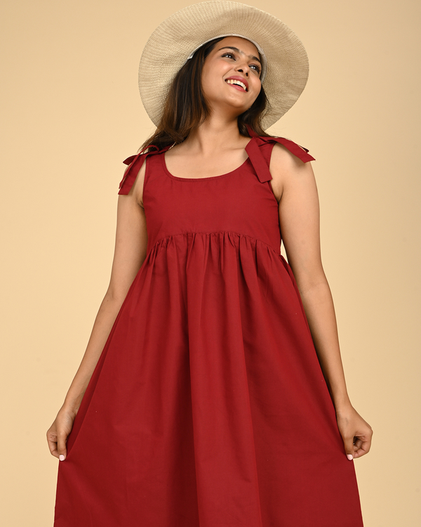 red cotton midi dress for women with tie-up straps summer dress India