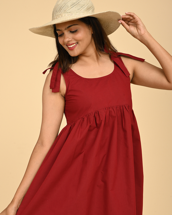 red cotton summer dress for women sleeveless midi dress with tie-up straps India