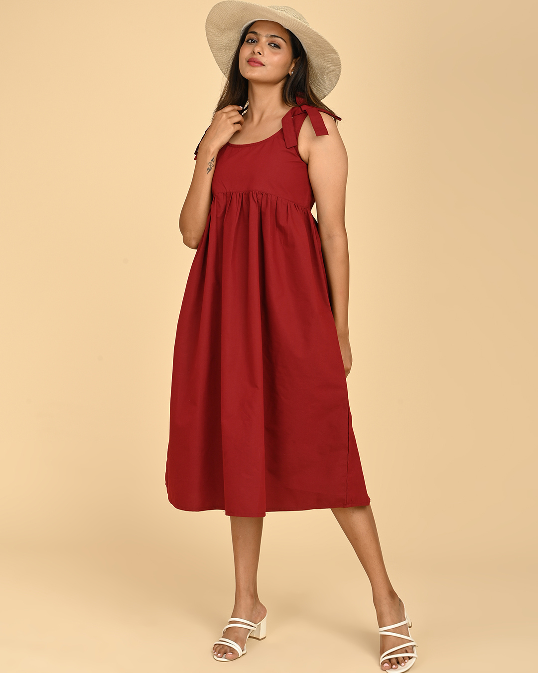 Red Cotton Midi Dress for Women Red Cotton Midi Dress for Women