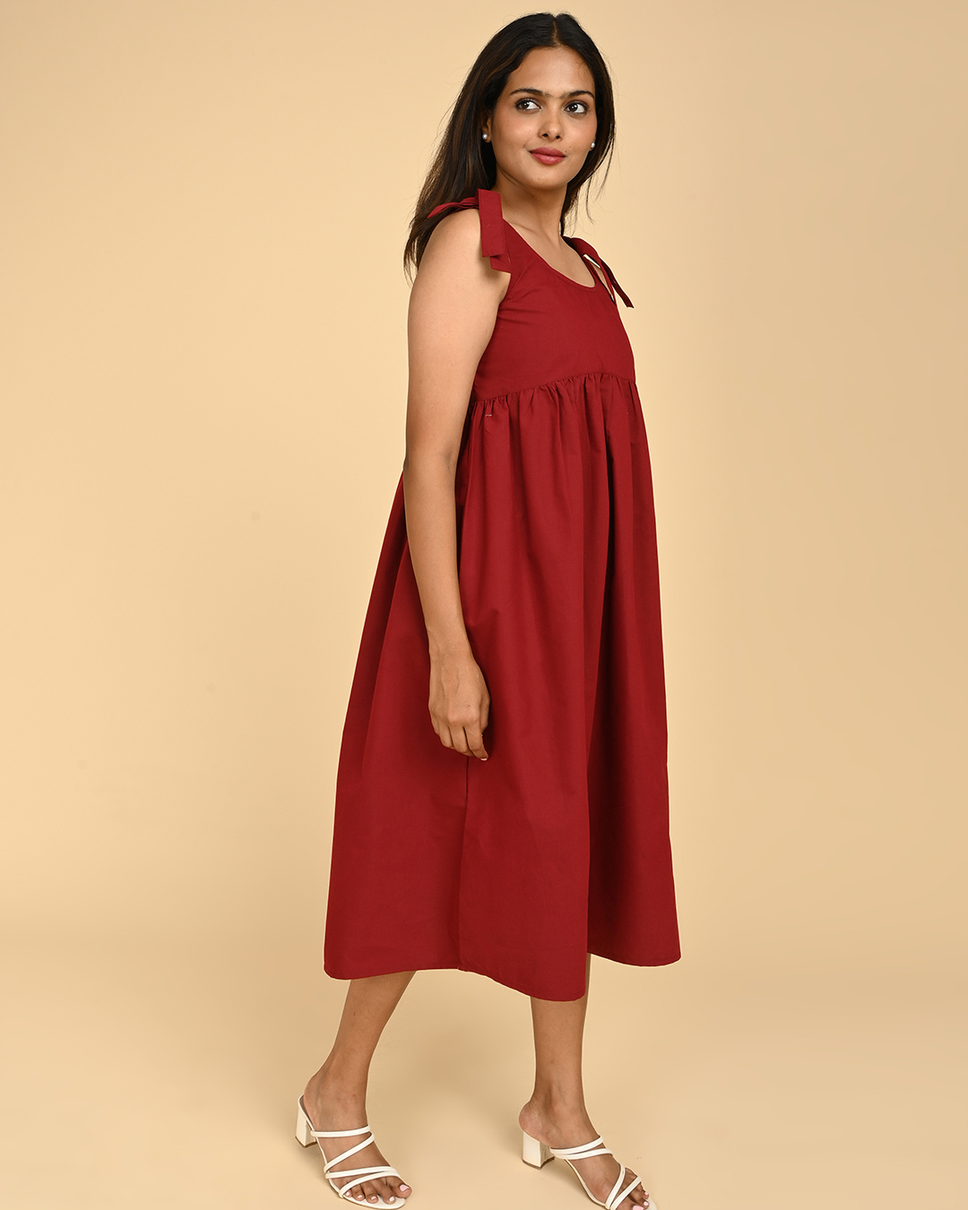 red cotton midi dress for women side view A-line summer dress breathable fabric India