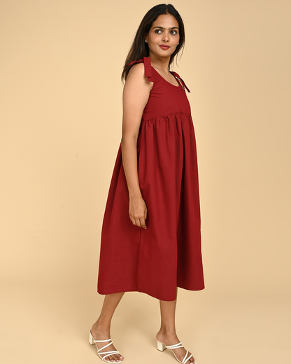 red cotton midi dress for women side view A-line summer dress breathable fabric India