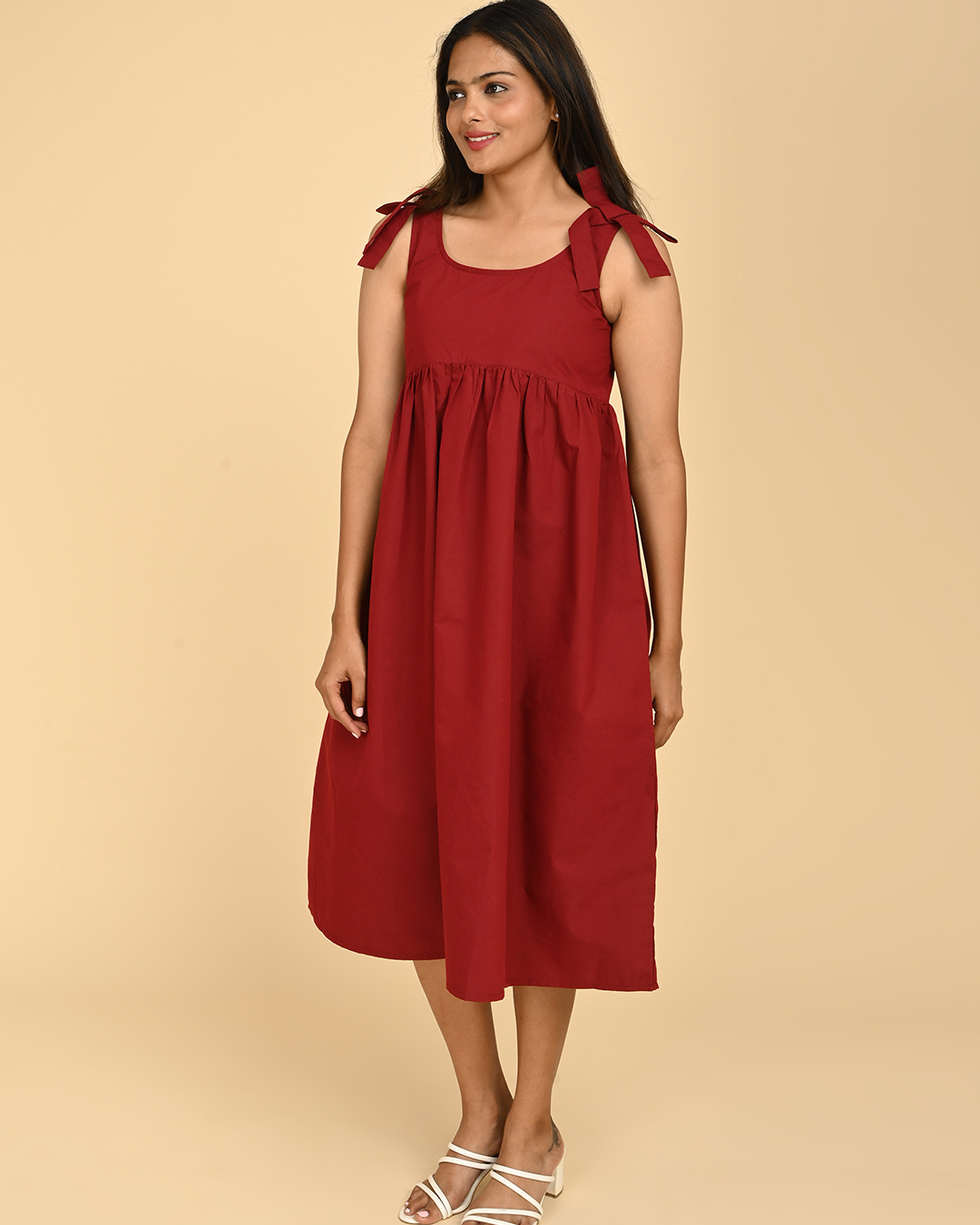 red cotton midi dress for women front view summer casual dress breathable cotton India