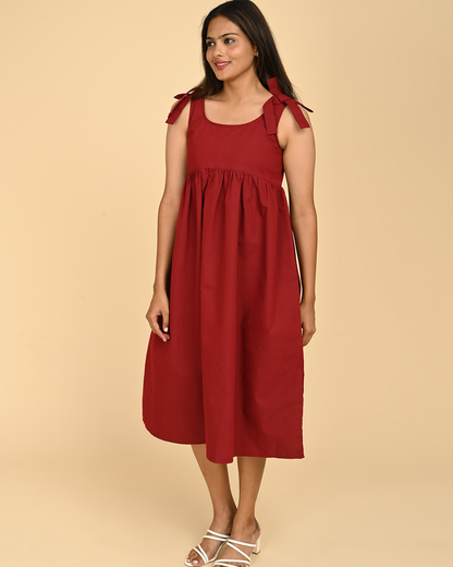 red cotton midi dress for women front view summer casual dress breathable cotton India