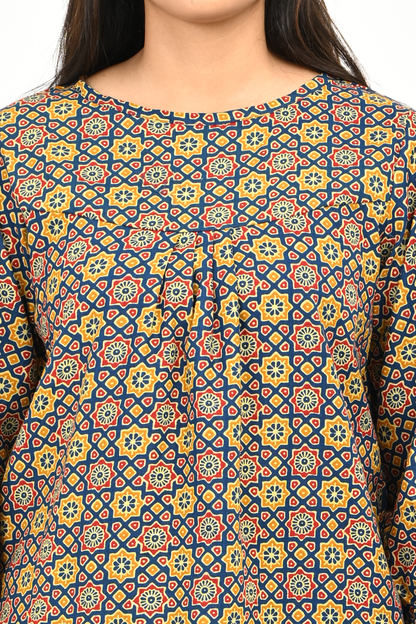 “Women’s cotton top – close-up of  print and fabric texture”