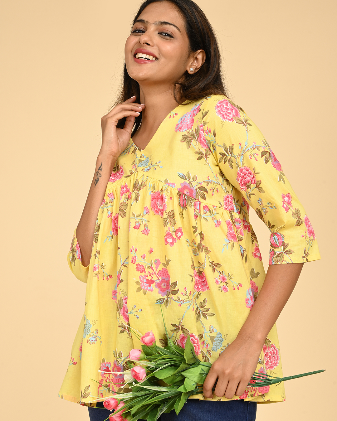 yellow floral printed cotton top for women casual office wear india