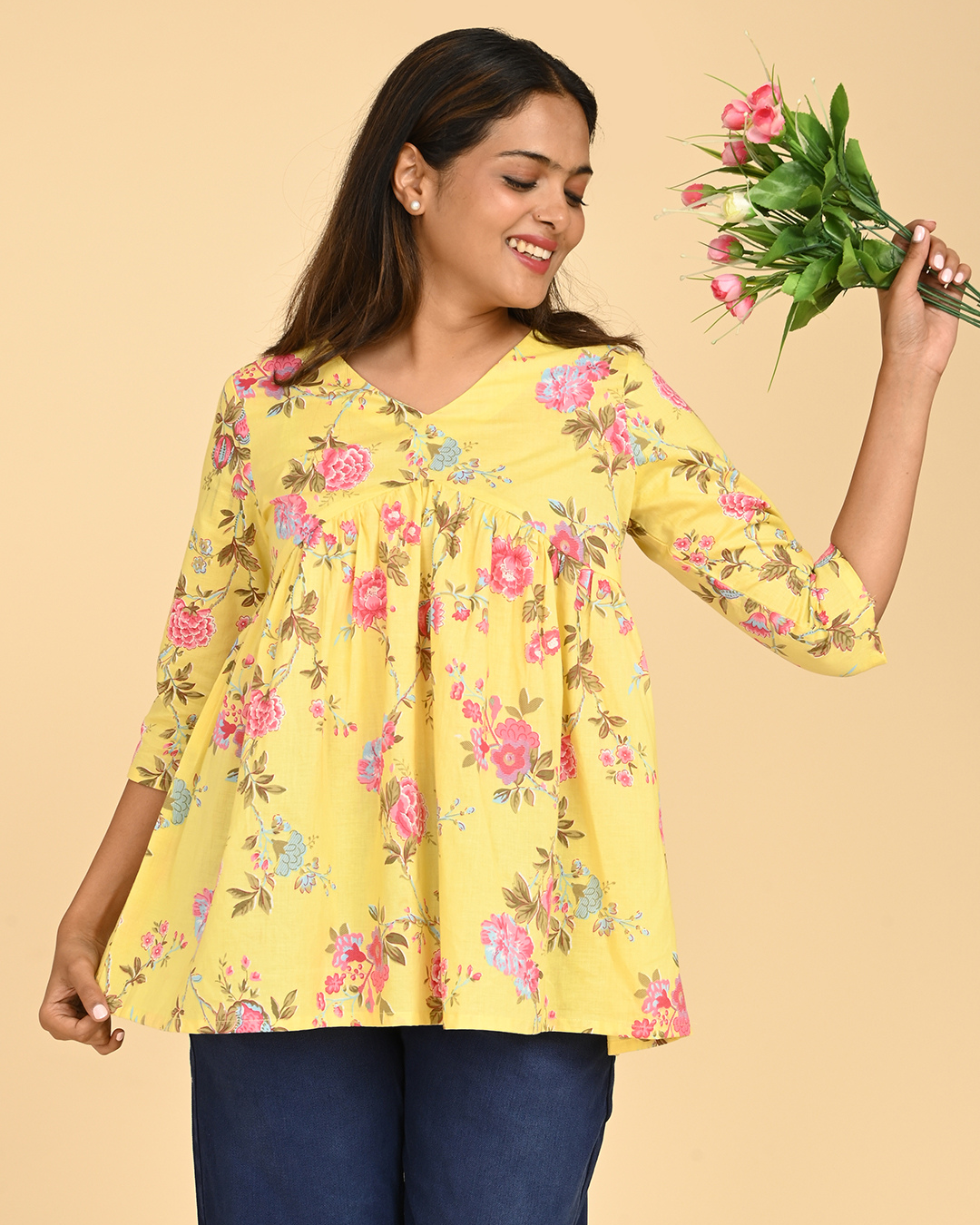 yellow floral printed cotton top for women casual office wear india