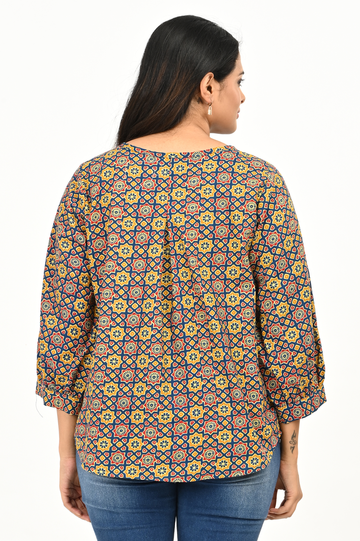 “Women’s 100% cotton printed top – back view with all-over print”