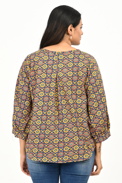“Women’s 100% cotton printed top – back view with all-over print”