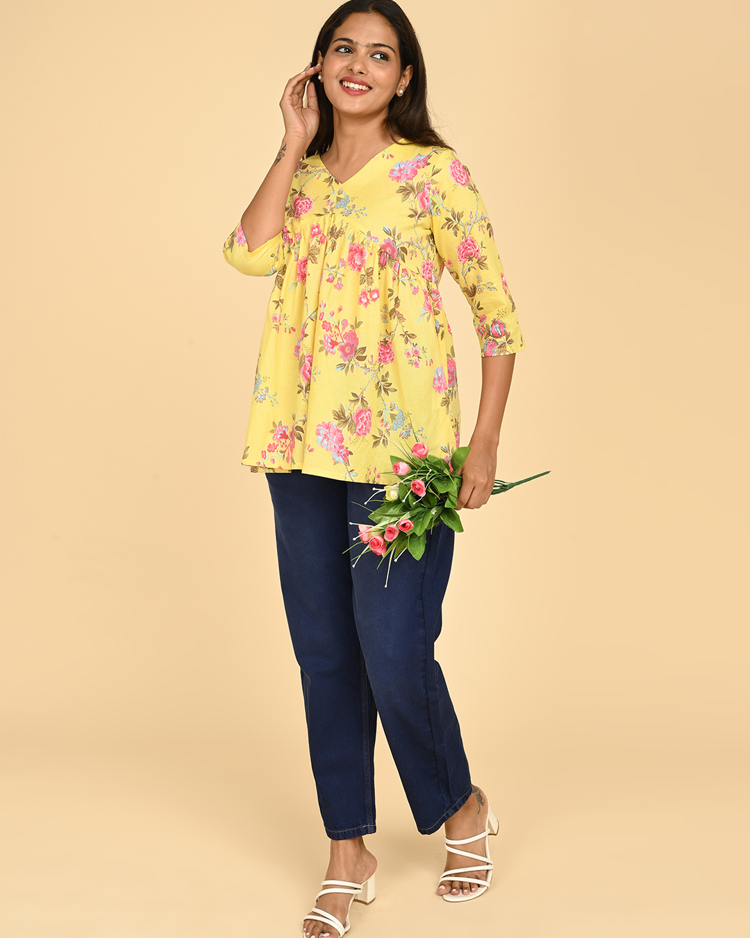 yellow floral printed cotton top for women casual office wear india