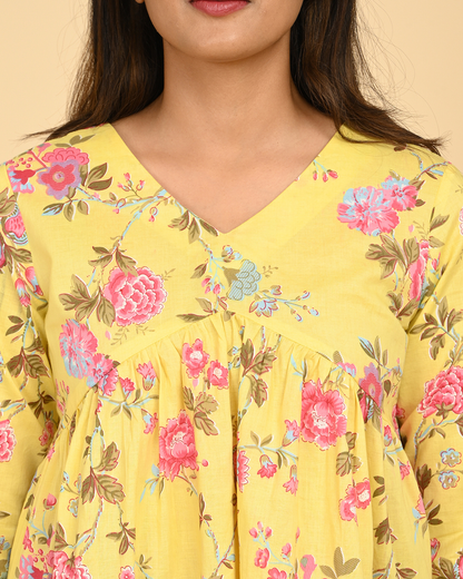 yellow floral printed cotton top v neck detail for women india
