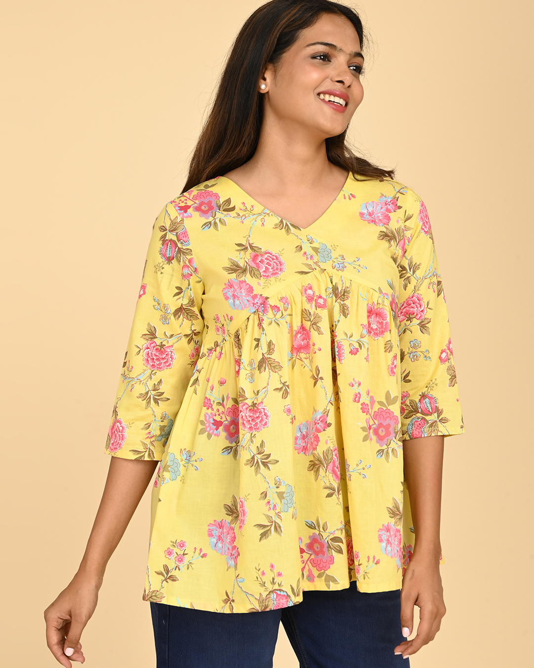 yellow floral printed cotton top for women office wear india