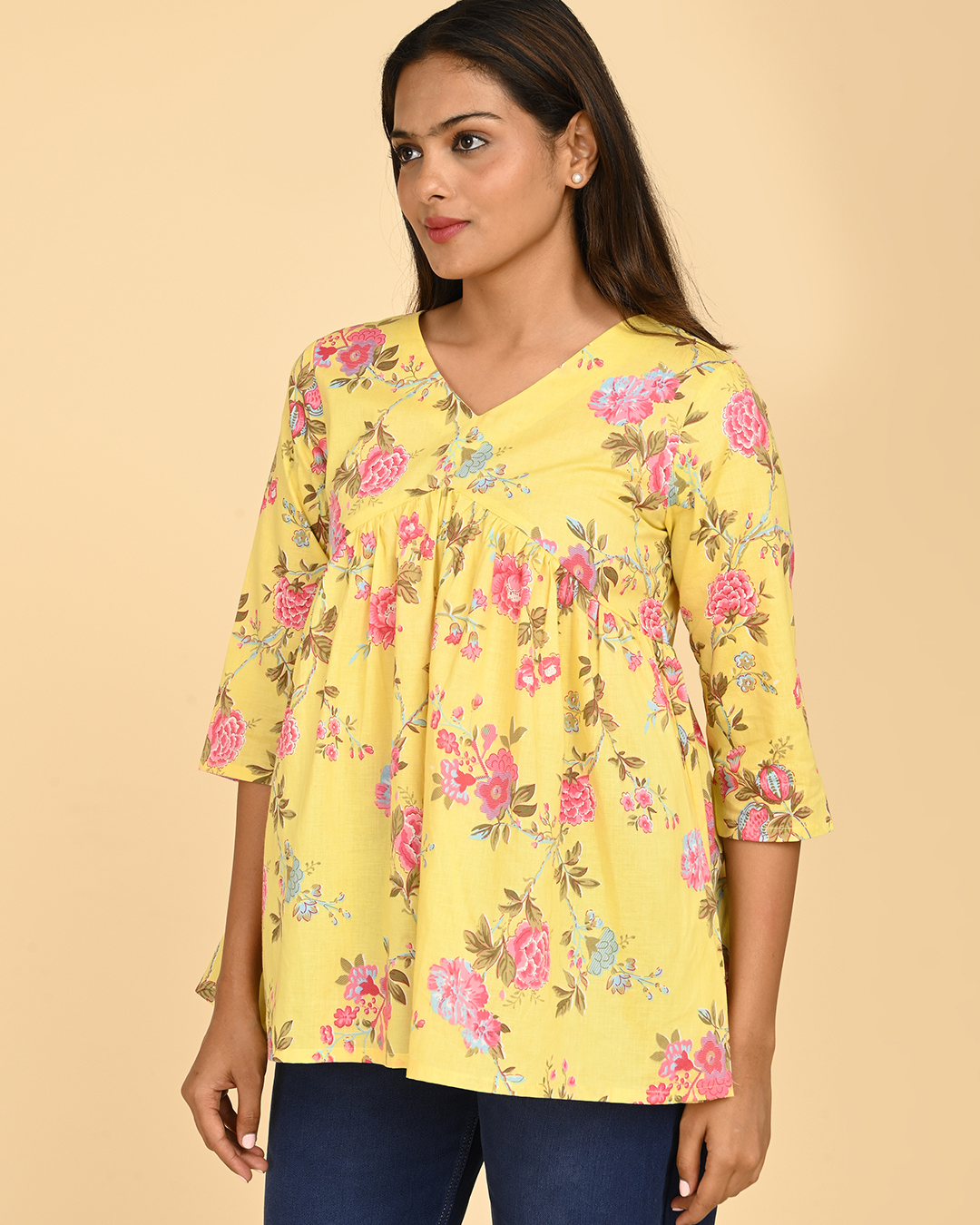yellow floral printed cotton top for women office wear india