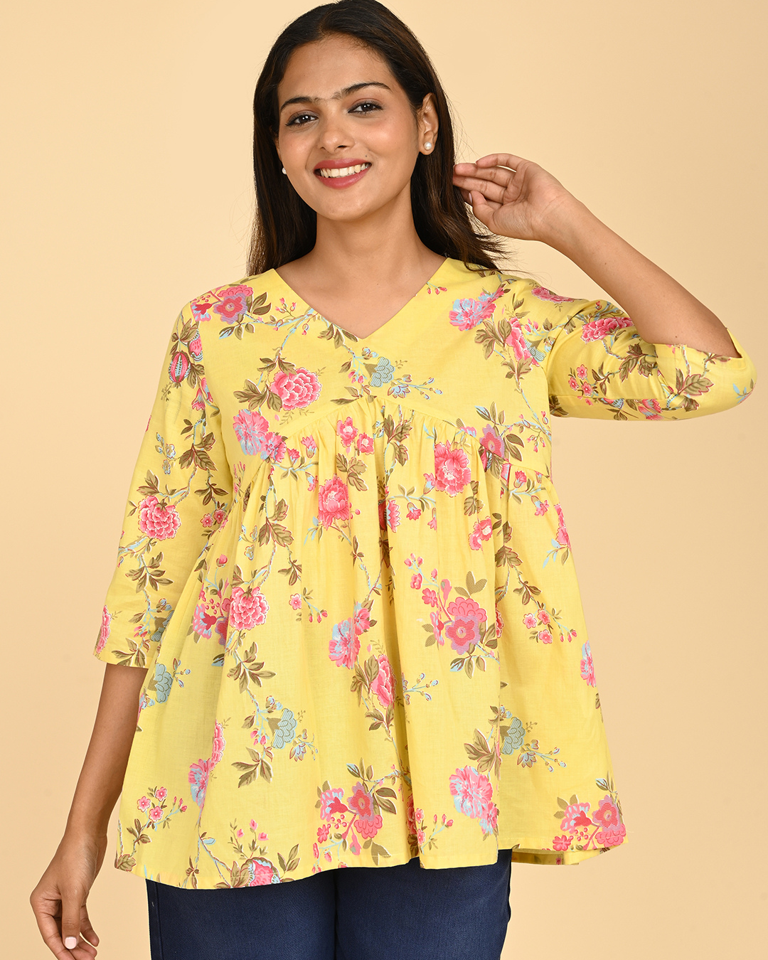 yellow floral printed cotton top for women office wear india