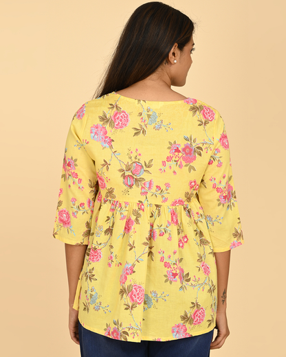 yellow floral printed cotton top back view for women india