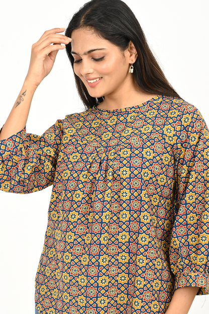 “Women’s cotton printed top – sleeve and neckline detail close-up”